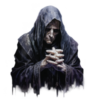 An elderly man with wrinkles, wearing a black hooded cloak, sits with his hands clasped png