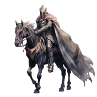 A knight in full armor riding a black horse with a flowing cape png