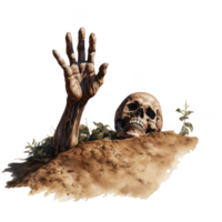 A hand reaching out of a grave with a skull png