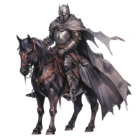 A knight in full armor riding a black horse with a flowing cloak png