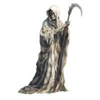 Skeletal Figure in a Hooded Robe Holding a Curved Scythe png