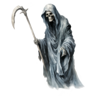 A skeletal figure in a grey robe holding a scythe png