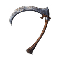 A Rusty, Curved Blade Weapon with a Wrapped Wooden Handle and a Bristly End png