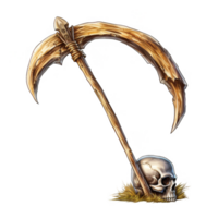 A Wooden Scythe Resting on a Skull and Grass png