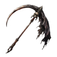 A Curved Scythe with a Skull at the Top png