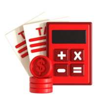 A red calculator, a stack of papers and a stack of money png