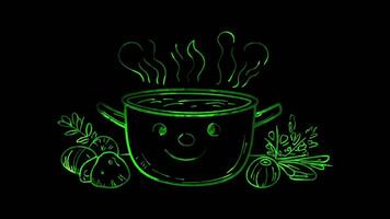 Neon frame effect, Cooking Pot - Symbolizes cooking or preparation on black background video