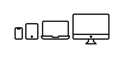 A black and white illustration of a computer, phone and tablet vector