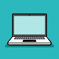 Computer laptop with blank empty screen for copy space text on working desk table or workplace illustration flat cartoon, pc with empty display work place office modern design vector