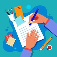 Writer writing on paper sheet illustration, flat cartoon person hands with pen on working table with text, workplace top view, desktop with writing letter story, journalist author workspace vector