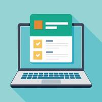 Online form survey on laptop illustration, working on computer quiz exam paper sheet document, on-line questionnaire results on desktop table flat cartoon, digital check list or internet test vector