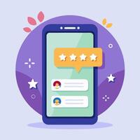 Review rating bubble speeches on mobile phone illustration, flat style smartphone reviews stars with good and bad rate and text, concept of testimonials messages, notifications, feedback vector