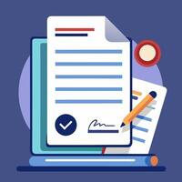 Contract documents pile illustration, flat cartoon stack of agreements document with signature and approval stamp, concept of paperwork, business doc vector