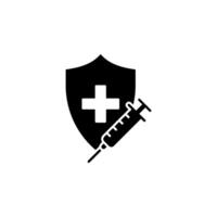 A black and white icon of a syringe and shield vector