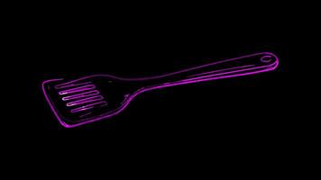 Neon frame effect, Spatula - Represents cooking or baking utensils on black background video