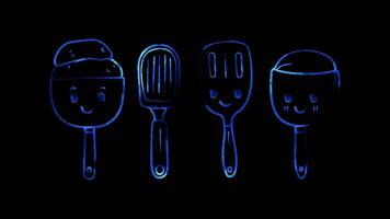 Neon frame effect, Spatula - Represents cooking or baking utensils on black background video