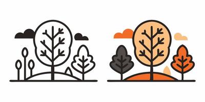 Pair of autumn scene icons featuring trees with fall foliage in orange and brown tones. Perfect for seasonal designs, nature illustrations, and autumn-themed projects vector