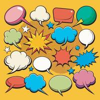 Set of retro comic speech bubbles in vibrant colors. Perfect for adding a playful, vintage touch to your designs. Ideal for comics, cartoons, and creative projects vector