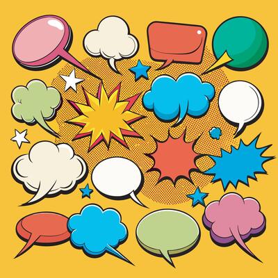 Set of retro comic speech bubbles in vibrant colors. Perfect for adding a playful, vintage touch to your designs. Ideal for comics, cartoons, and creative projects