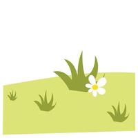 Flower on a green meadow with grass. Nature background with tree stump and grass. Grass meadow illustration in cartoon style. Natural background with large logs. Shady garden view vector