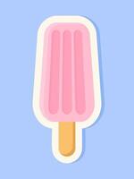 Pink ice cream on a stick isolated on a blue background as a sticker. vector