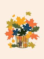Autumn bouquet of maple leaves in a wicker basket isolated on a light pink background. vector