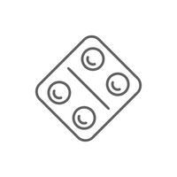 Pills blister icon. Drugstore product. Outline style of round tablets and capsule. Isolated. Editable stroke vector