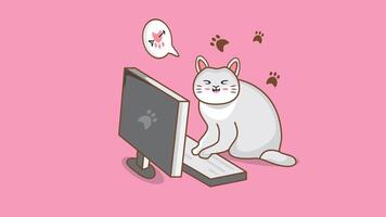 Cute Cat Animation Illustration working in front of a computer. Perfect for Kindergarten content. video