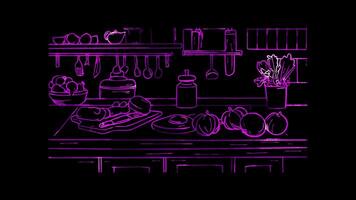 Neon frame effect, Chopping Board - Represents food preparation on black background video