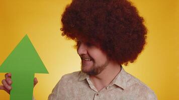 Hipster winner man holding arrow sign pointing up, career growth and money increase good progress video