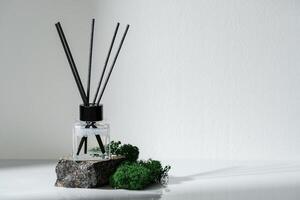 Elegant Aroma Diffuser With Black Reeds on a Granite Base Next to Moss Decor photo
