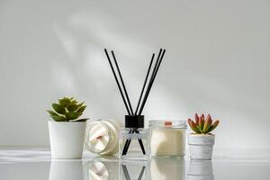 Elegant Home Fragrance Reed Diffuser Displayed Beside Scented Candles and Succulents photo