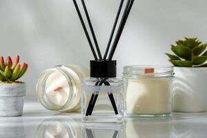 Elegant Home Fragrance Reed Diffuser Displayed Beside Scented Candles and Succulents photo