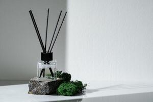 Elegant Aroma Diffuser With Black Reeds on a Granite Base Next to Moss Decor photo