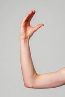 Elevated Bare Human Arm Bent at the Elbow Against a Neutral Background photo