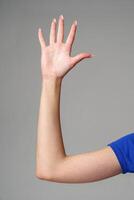 Female hand sign against gray background in studio photo