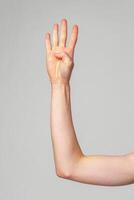 Raised Human Hand Displaying Four Fingers Against a Neutral Background photo