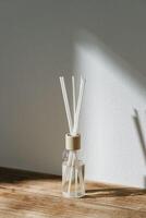 Sunlit Diffuser Bottle With Reeds Casting Shadows on a White Wall photo