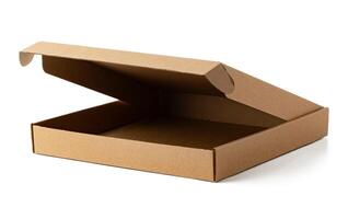 Empty cardboard box on a white surface showing its open position photo