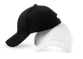 Black and White Baseball Caps Positioned Side by Side on a Clean White Background photo