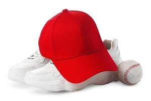 Red Baseball Cap, White Sneakers, and Ball on a white Background photo