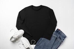 T-shirt, jeans and white sneakers on gray background top view photo