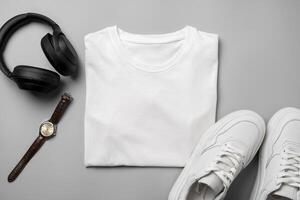 White T-shirt and sneakers, headphones and watch on gray background top view photo