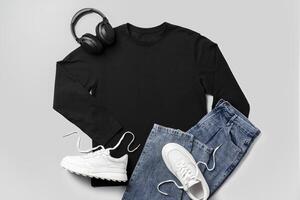 T-shirt, jeans and white sneakers on gray background top view photo