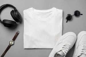 White T-shirt and sneakers, headphones and watch on gray background top view photo