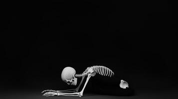 A skeletal figure positioned on the ground in a dramatic pose against a dark background showcasing anatomy and movement photo