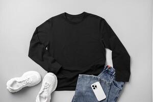 T-shirt, jeans and white sneakers on gray background top view photo