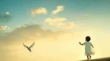 A child in a white dress reaches out to a flying dove at sunset on a serene beach photo