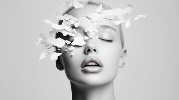 Artistic portrait featuring a woman with closed eyes and paper fragments floating around her head in a monochrome setting photo