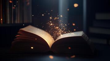 A magical book emits glowing sparks in a dimly lit library during nighttime exploring photo